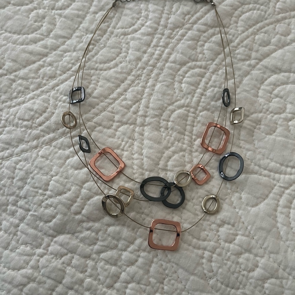 Source Unknown Tri-Color Layered Geometric Necklace - Rose, Silver & Gunmetal